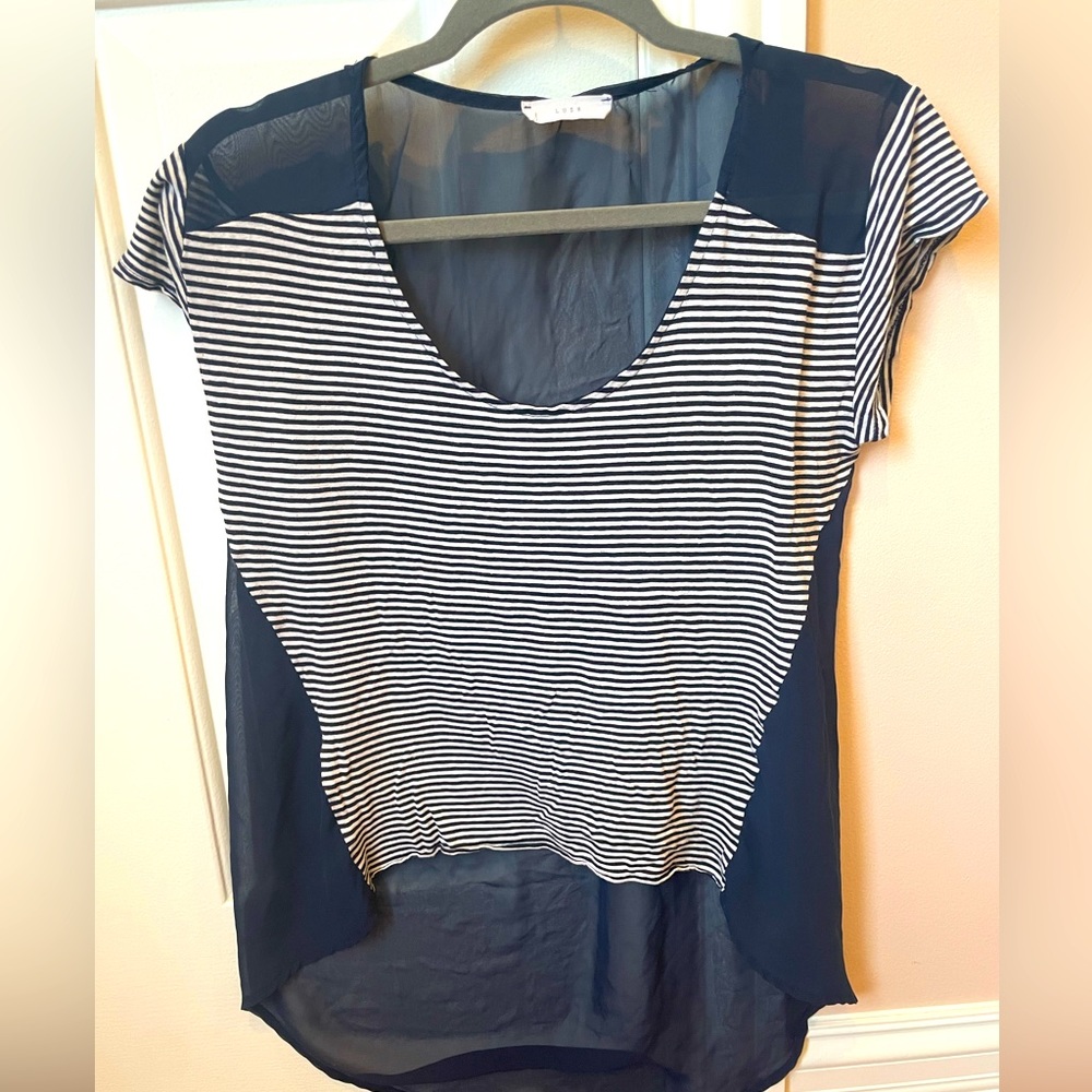 Navy blue stripe and transparent back shirt sleeve top size S